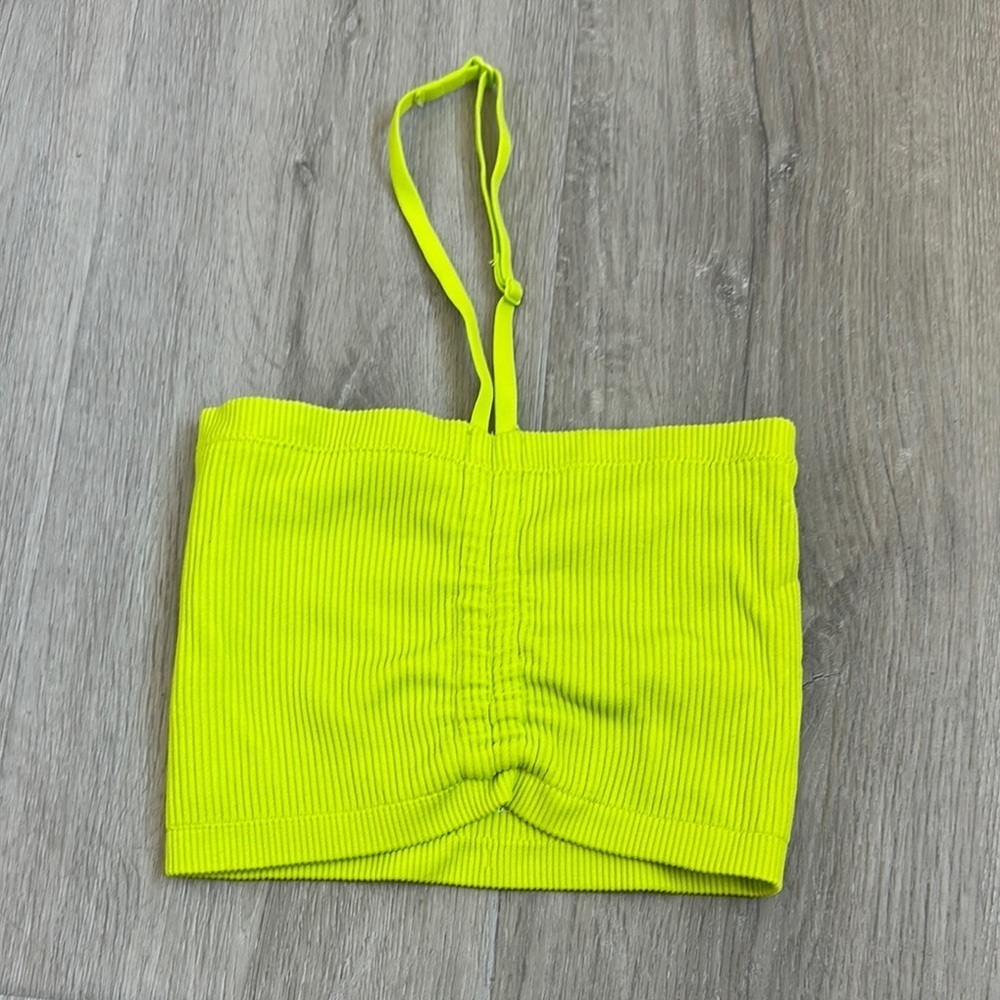 AERIE cropped Neon Yellow Ribbed Tube Top w adjustable halter